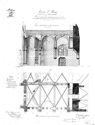 Projet de porche d'une chapelle paroissiale, d'une salle de catéchisme et d'un parvis en avant de la façade ouest : Coupe longitudinale sur l'axe du porche. Plan sur les chapiteaux des chapelles