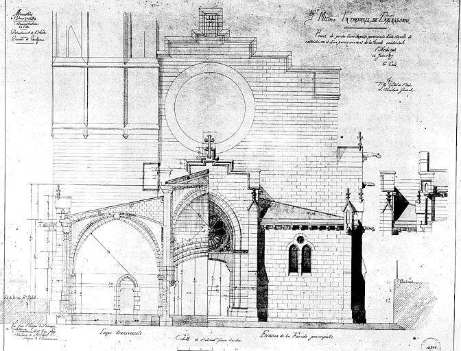 Projet de porche d'une chapelle paroissiale, d'une salle de catéchisme et d'un parvis en avant de la façade ouest : Elévation de la façade principale et coupe