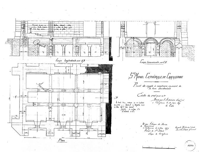 Projet de crypte à construire en avant de la façade ouest : Plan et coupes