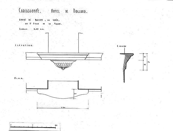 Appui de balcon en grès au 1er étage de la façade : Elévation et plan