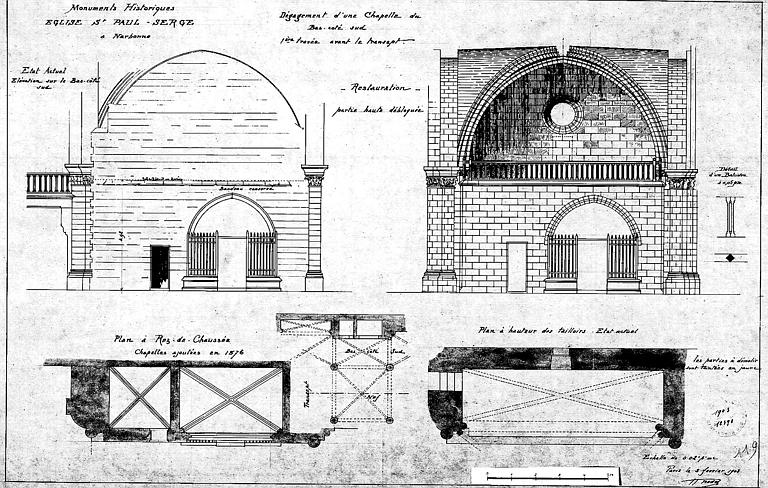 Dégagement d'une chapelle du bas-côté sud : Elévations et plans (état actuel et état restauré)