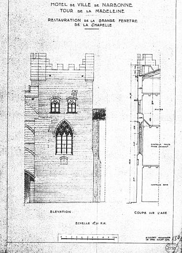 Tour de la Madeleine, restauration de la grande fenêtre de la chapelle : Elévation et coupe