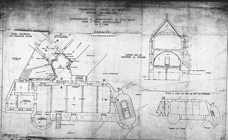 Consolidation et aménagement de trois salles pour le musée archéologique : Plan général du 1er étage. Coupe sur le bâtiment du synode. Plan du rez-de-chaussée du synode