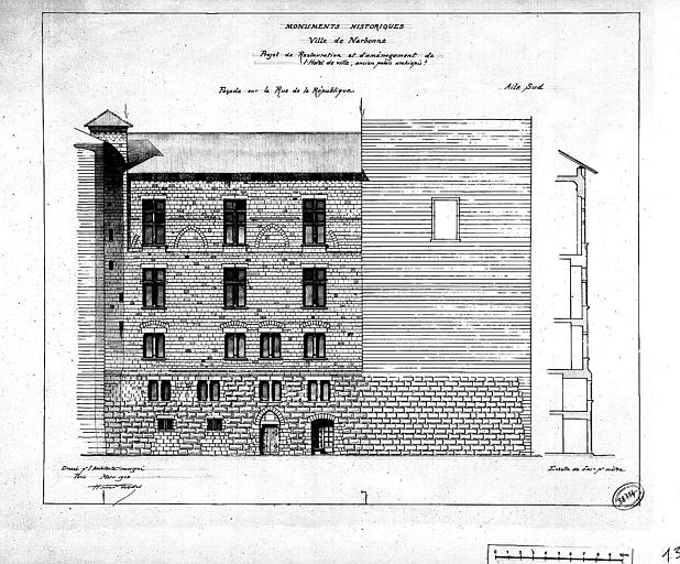 Projet de restauration et d'aménagement : Elévation de la façade sur la rue de la République et coupe de l'aile sud