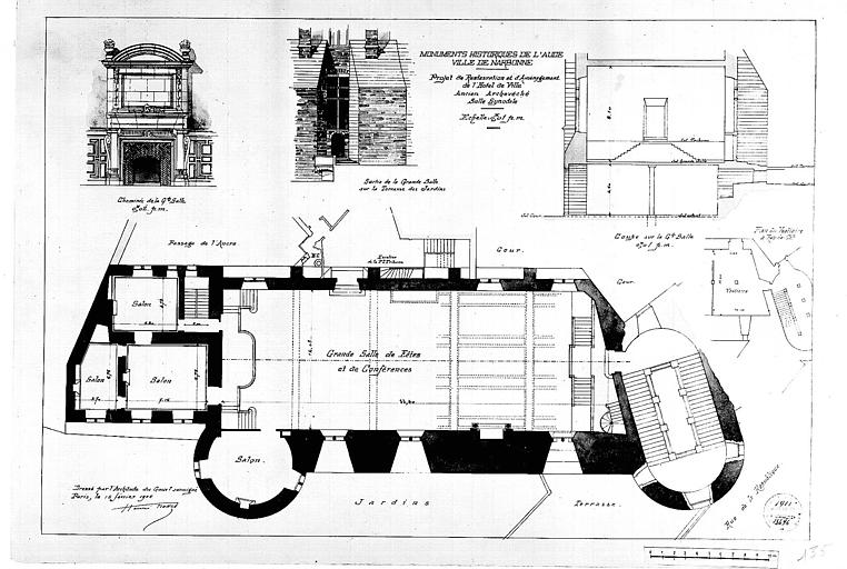 Projet de restauration et d'aménagement : Plan, élévation et coupe de la salle synodale