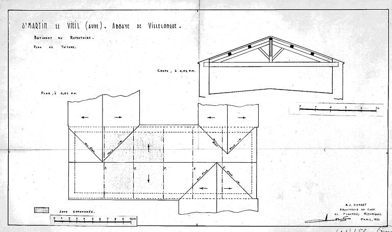 Bâtiment du réfectoire : Plan et coupe de la toiture