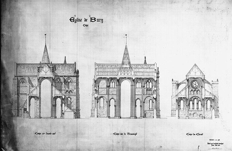 Coupes transversales sur la 1e travée de la nef, sur le transept et sur le chevet