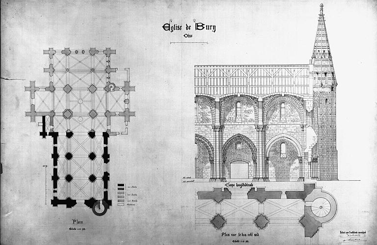 Plan archéologique. Plan et coupe longitudinale partielle sur le bas-côté sud