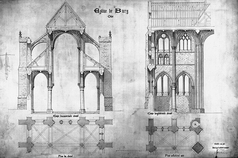 Plan, coupes transversale et longitudinale du chevet. Plan du bas-côté sud