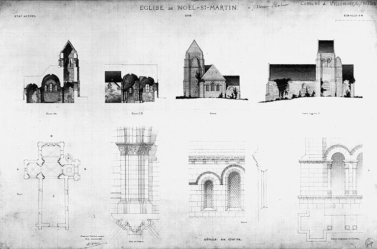 Elévations de la façade sud et du chevet. Coupes longitudinale et transversale. Détails d'une pile du choeur, d'une fenêtre de l'abside, et de la partie supérieure du clocher