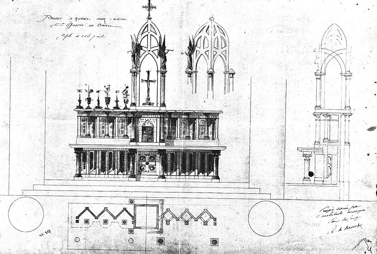 Projet d'autel : Elévation, coupe et plan