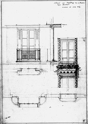 Projet de balcon et fenêtre : Plan, coupe, élévation (dessin à la mine de plomb)