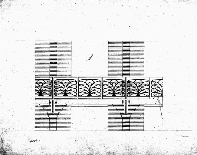 Projet de balcon : Elévation (dessin à la mine de plomb et plume)