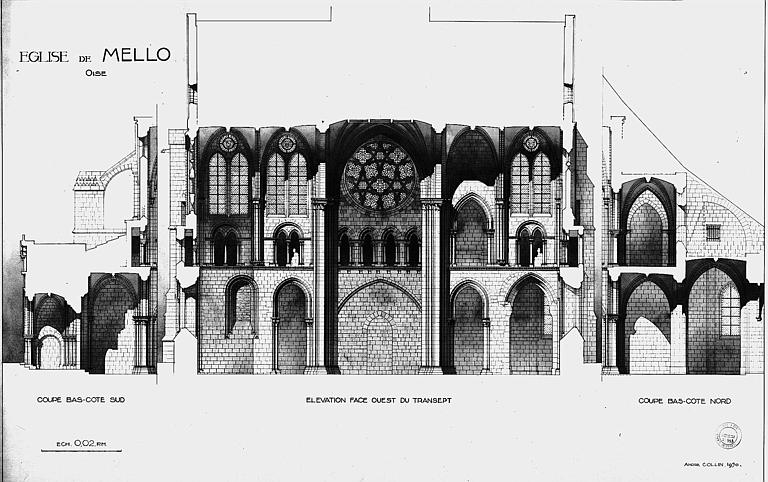 Elévation de la face ouest du transept, coupes sur les bas-côtés sud et nord