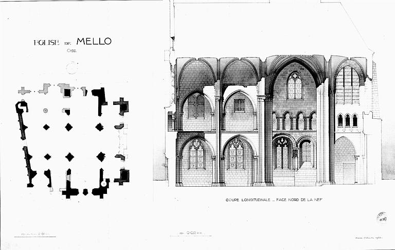 Plan d'ensemble. Coupe longitudinale sur la nef