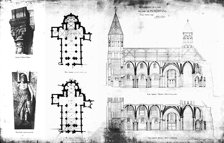 Projet de restauration : Plan d'ensemble, coupe longitudinale (état actuel et projet). Détail d'un chapiteau du choeur. Pierre tombale à l'entrée du bas-côté nord