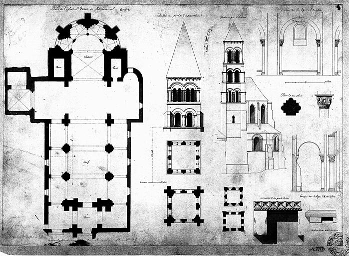 Plan d'ensemble. Elévation et plan du clocher. Coupe longitudinale sur une travée. Détail de la corniche et d'un chapiteau