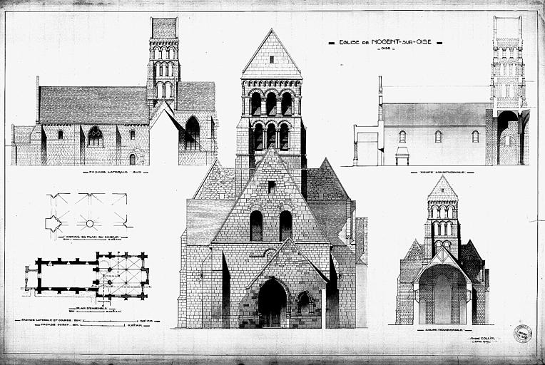 Plan d'ensemble. Détail du plan du choeur. Elévations des façades ouest et sud. Coupes transversale et longitudinale