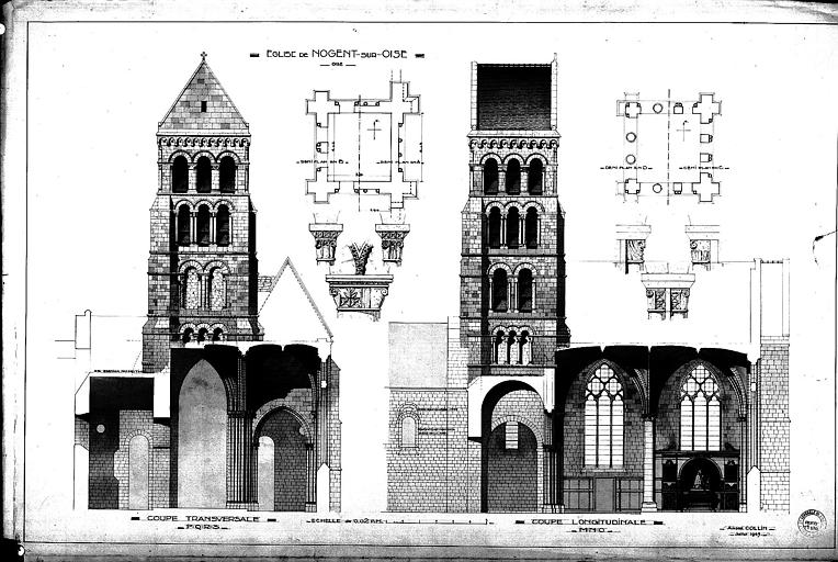 Plans du clocher. Coupes transversale et longitudinale sur le transept et le choeur, avec indication de la disposition ancienne des baies de la nef et de la baie restaurée