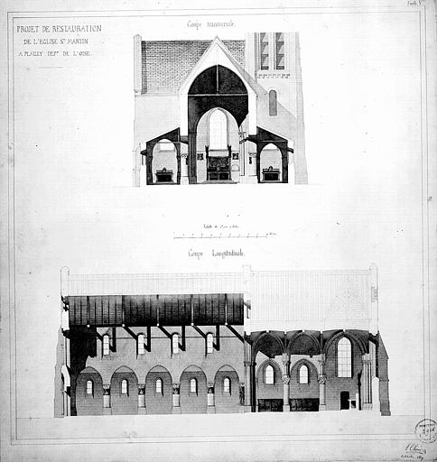 Projet de restauration : Coupe longitudinale. Coupe transversale sur le choeur