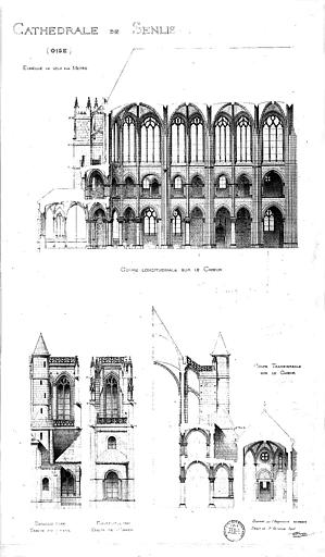 Elévations extérieures de deux travées du choeur. Coupes longitudinale et transversale sur le choeur.