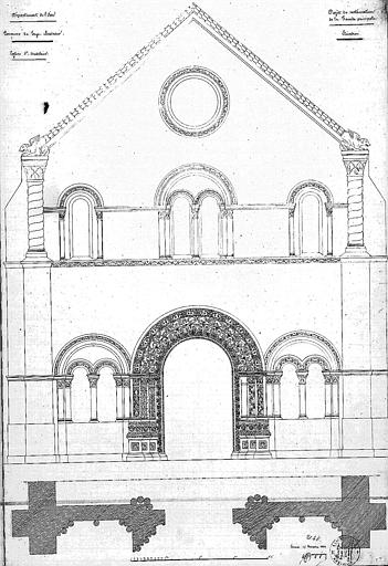 Projet de restauration de la façade principale : Plan au sol de la façade. Elévation avec l'indication de la partie à restituer