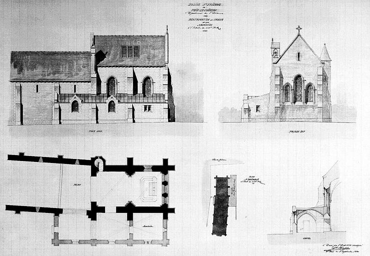 Restauration du choeur : Plan de masse. Plan du choeur. Elévations du chevet et de la façade sud. Coupe sur la sacristie