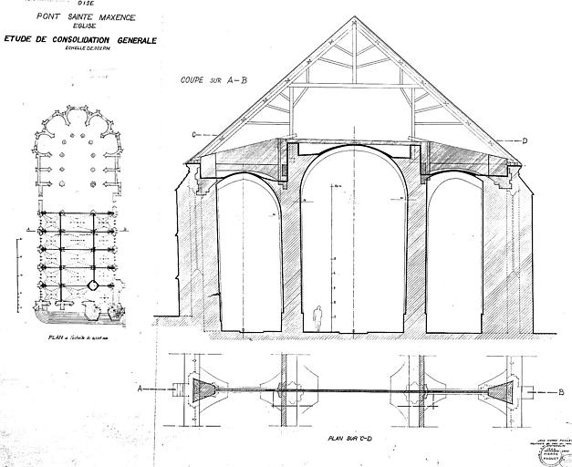 Restauration de l'édifice après la guerre : Plan schématique avec indication de la partie à restaurer. Coupe transversale sur les voûtes séparant la 4e et la 5e travée de la nef, et plan de la charpente