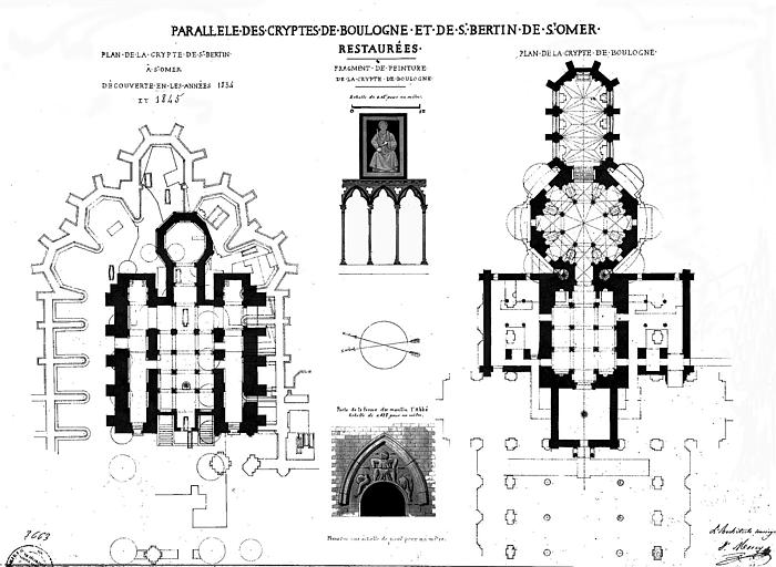 Parallèle des cryptes de Boulogne et de l'église Saint-Bertin de Saint-Omer : Plans et détails