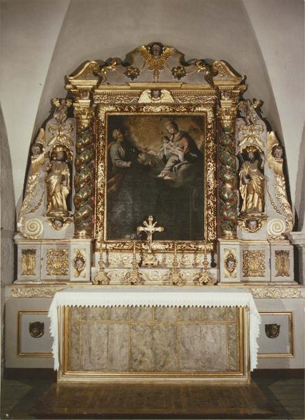 autel de la Vierge, retable, statues, tableau : la présentation de l'Enfant Jésus par la Vierge à Saint Antoine de Padoue et Saint Joseph - © Ministère de la Culture (France), Médiathèque du patrimoine et de la photographie (objets mobiliers), tous droits réservés