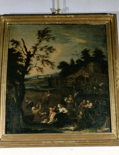 Tableau, cadre : Scène paysanne avec des personnages buvant