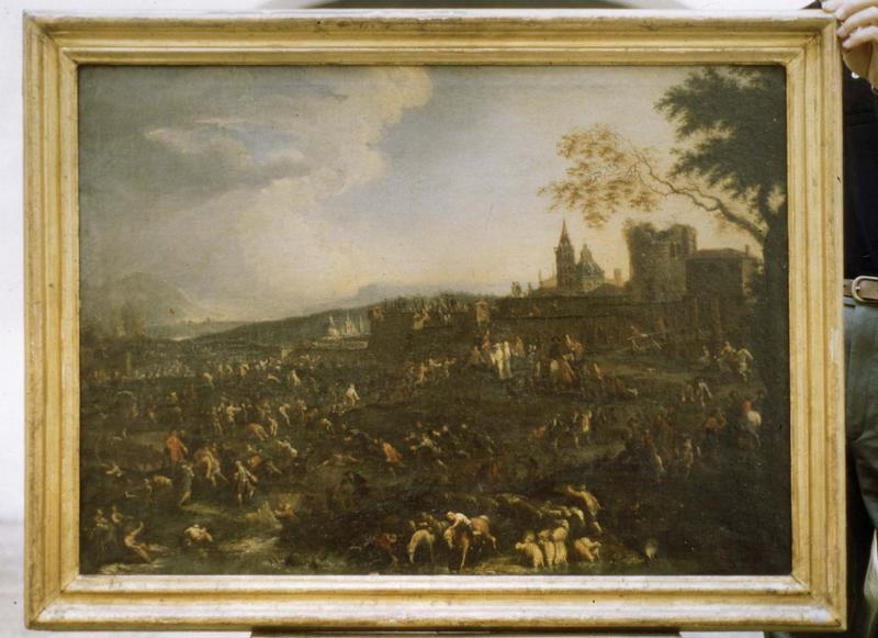 Tableau, cadre : Scène champêtre aux pieds des remparts d'une ville