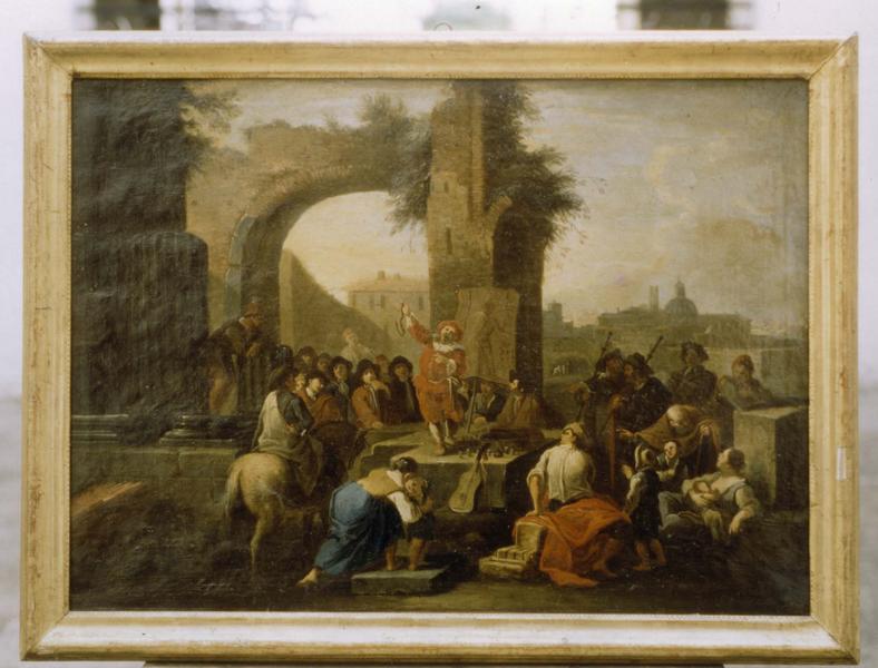 Tableau, cadre : Scène de comédie dans les ruines antiques
