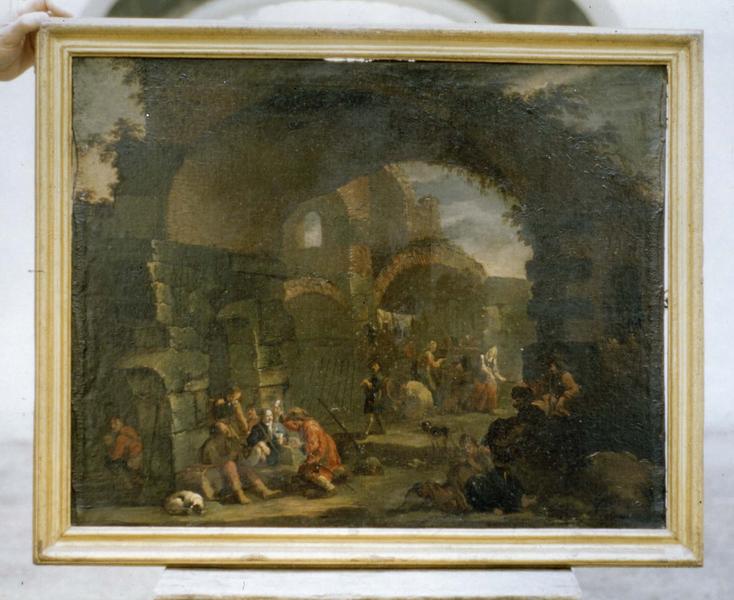 Tableau, cadre : Joueurs de cartes dans une ruine