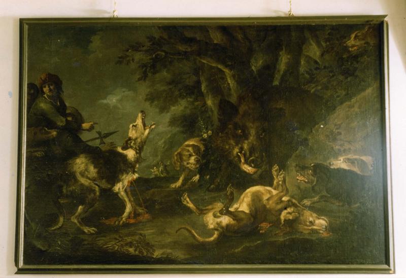 Tableau, cadre : Scène de chasse au sanglier