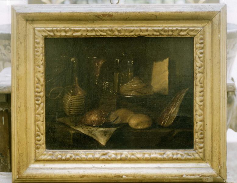 Tableau, cadre : Nature morte (bouteilles en verre et boule de pain)