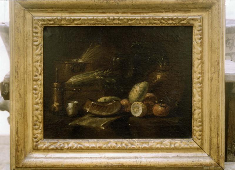 Tableau, cadre : Nature morte (timbale, marmite et ustensile de cuisine, tomate, citron)