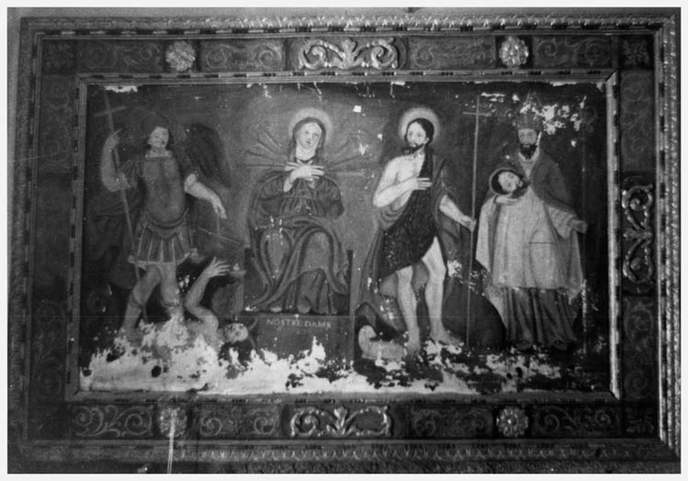 Tableau et son cadre : Vierge de Douleur entourée de trois saints