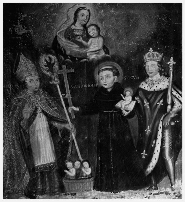 Tableau : Saint Nicolas, saint Antoine de Padoue et saint Louis de France aux pieds de la Vierge