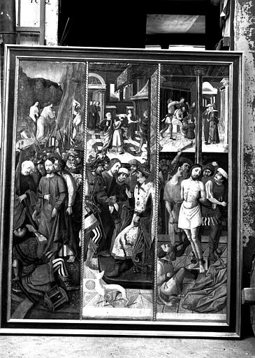 Retable, peinture sur toile sur l'endroit du triptyque : Trahison de Judas, le Christ chez Pilate, la flagéllation