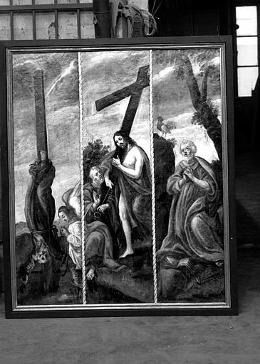 Retable, peinture sur toile sur l'envers du triptyque : Le Christ rencontre saint Pierre, le chant du coq, le martyre de saint Pierre