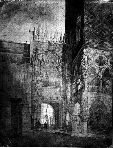 Dessin à la plume : Grande porte donnant sur l'escalier de la cour intérieure