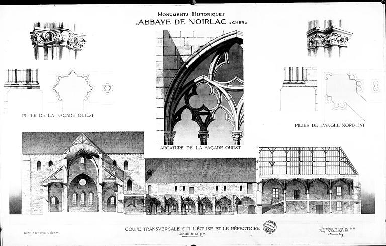 Coupe tranversale sur l'église et le réfectoire. Détail d'un pilier de la façade ouest et d'un pilier de l'angle nord-est. Détail de l'arcature de la façade ouest