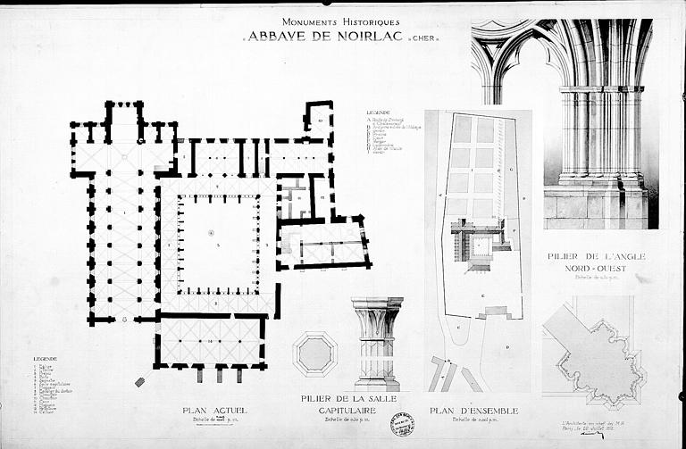 Plan actuel. Plan d'ensemble. Détails d'un pilier de la salle capitulaire et d'un pilier de l'angle nord-ouest