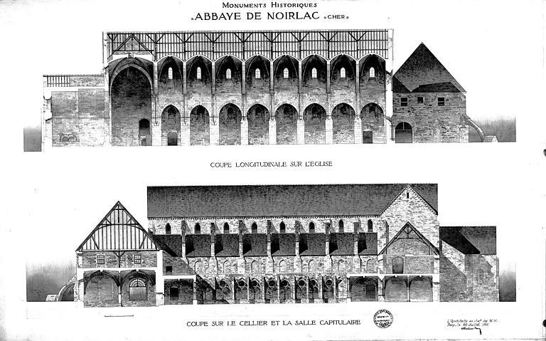 Coupe longitudinale sur l'église. Coupe sur le cellier et la salle capitulaire