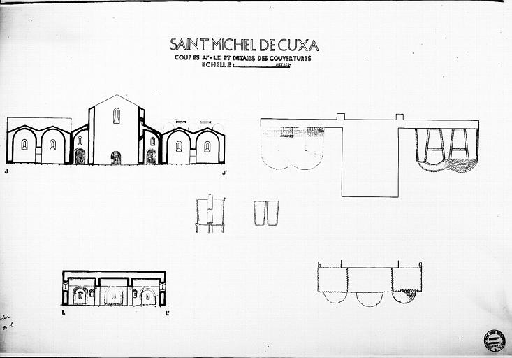 Restauration des couvertures au niveau des absides de l'église. Plan des couvertures. Coupes tranversales