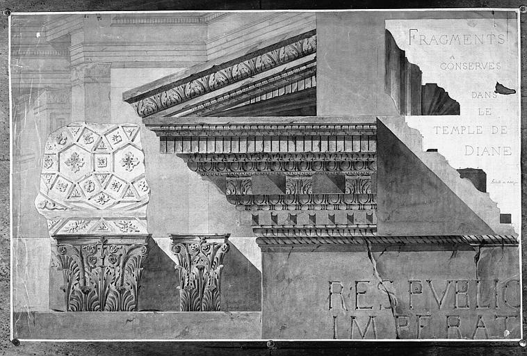 Dessin aquarellé : Détail d'un fronton, d'un entablement, de chaîneaux et du plafond de la cella du nymphée