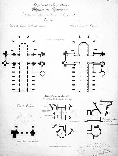 Projet de restauration : Plan à la hauteur des croisées hautes. plan à la hauteur du triforium. Plan du clocher. Plan, coupe et détails de l'escalier de la tourelle au 1e étage