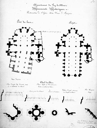 Projet de restauration : Plans d'ensemble (état des lieux et projet). Détails des piliers