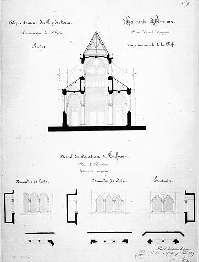 Projet de restauration : Coupe transversale de la nef. détails des arcatures du triforium